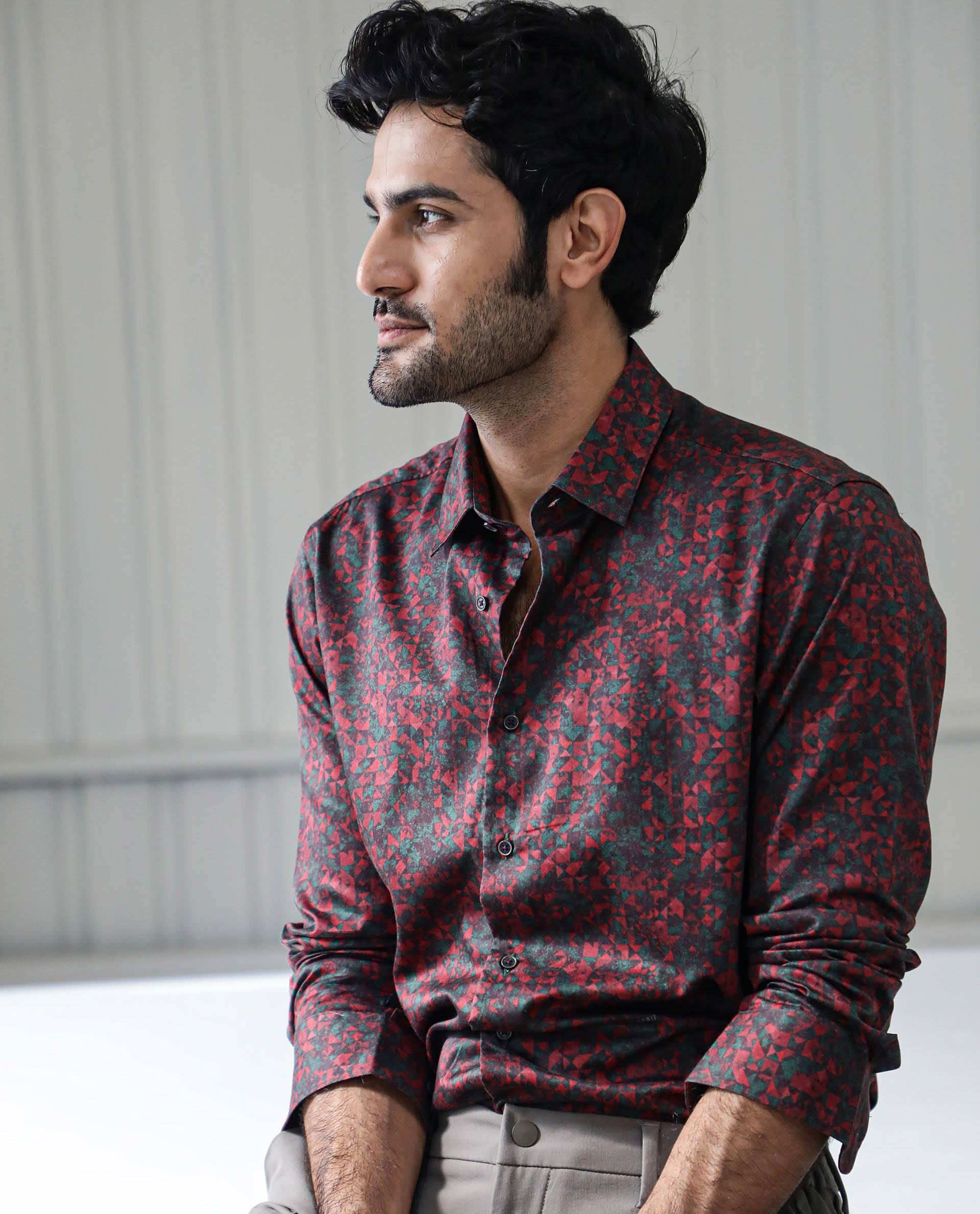 Rare Rabbit Men's Lowpol Red Cotton Abstract Print Regular Fit Full Sleeve Collared Shirt
