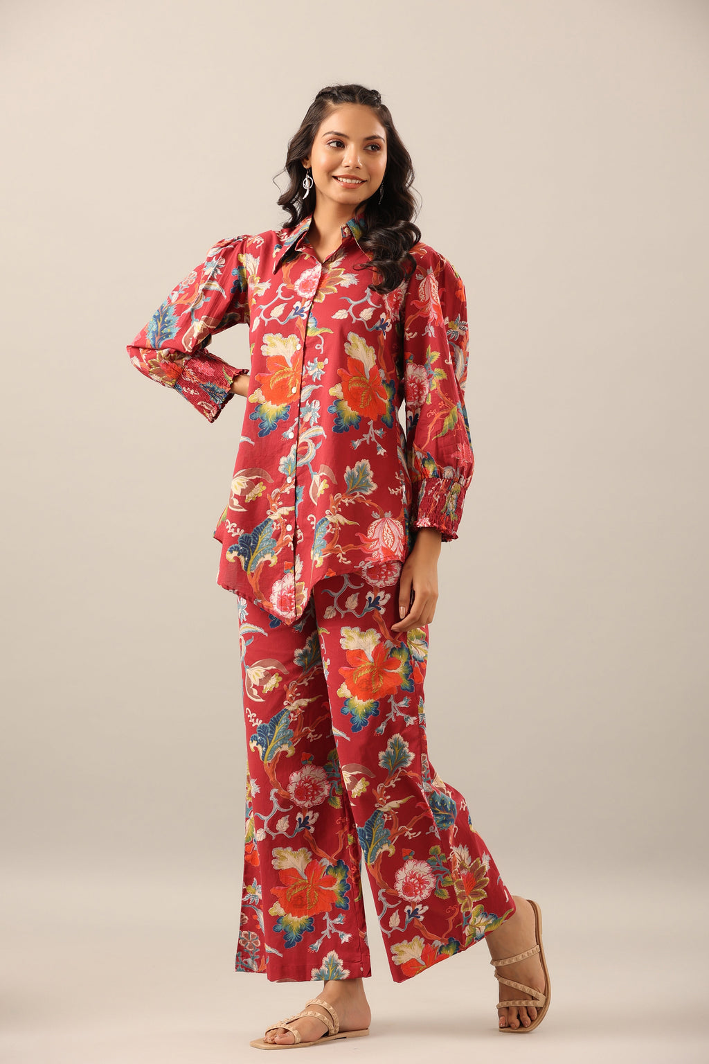 Floral Jaal on Maroon Collared Smoked Sleeves Cotton Co-ord Set