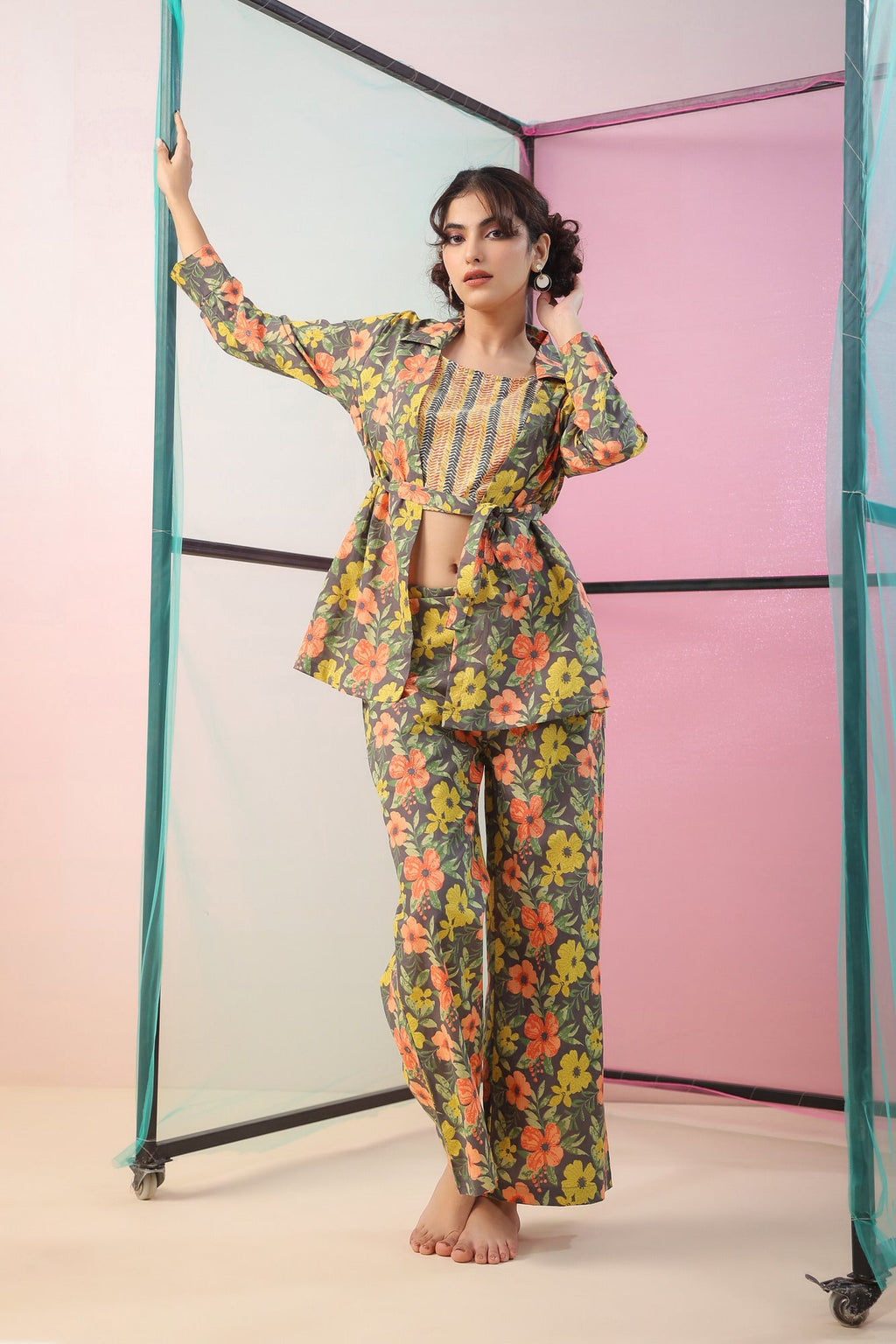Florals on Grey Three Piece Cotton Co-ord Set