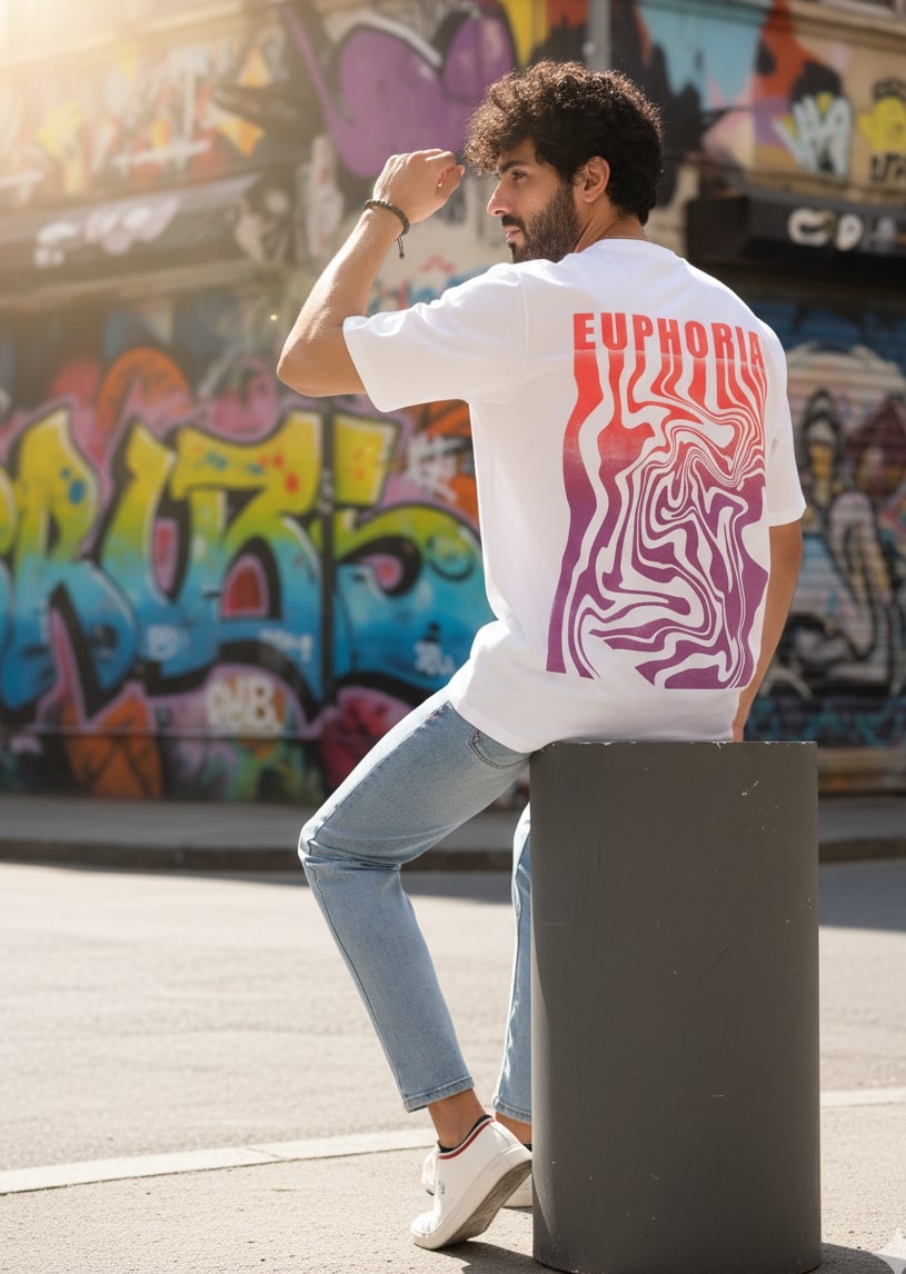 Men White Oversized Printed T-shirt