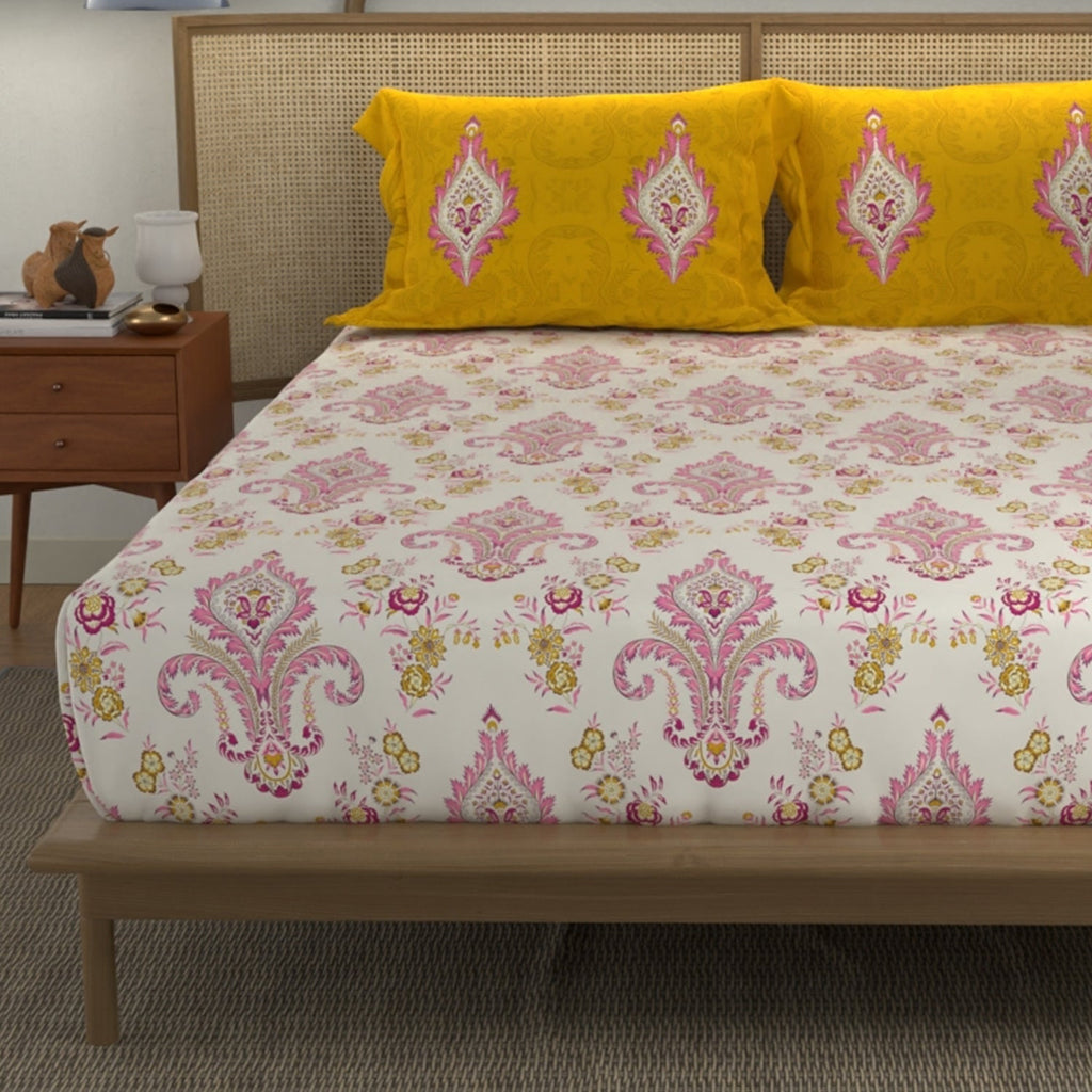 Divine Collection - Cotton Bedsheet With 2 Pillow Covers, Motif Mustard