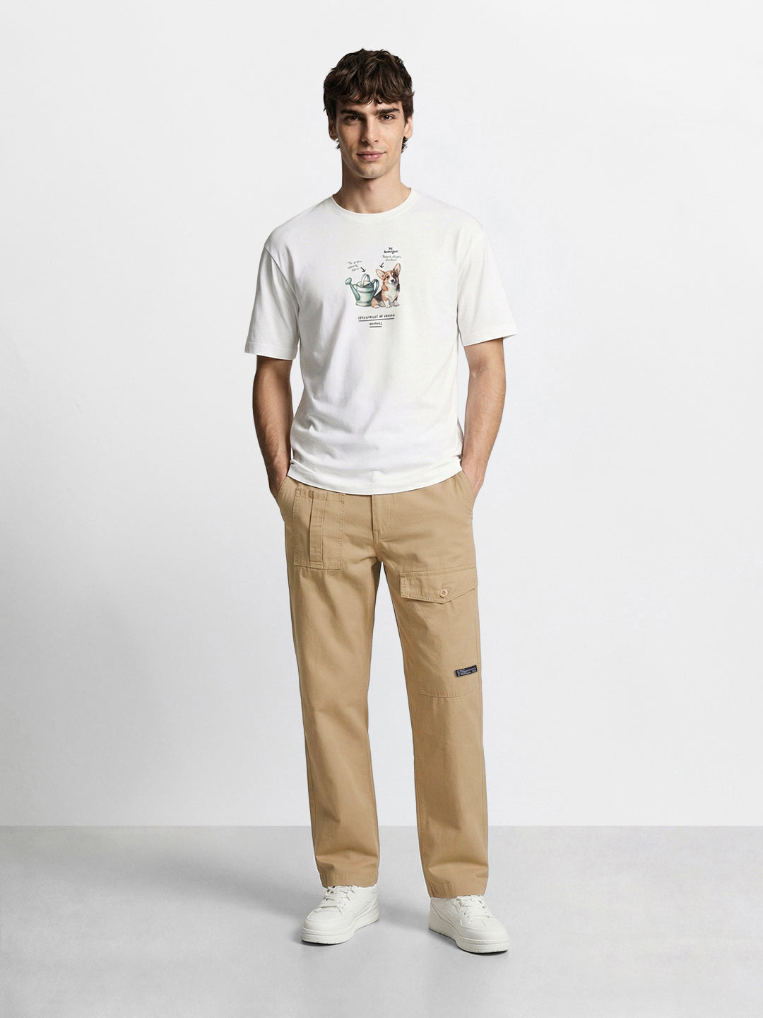Men's Khaki Relaxed Fit Solid Casual Trousers