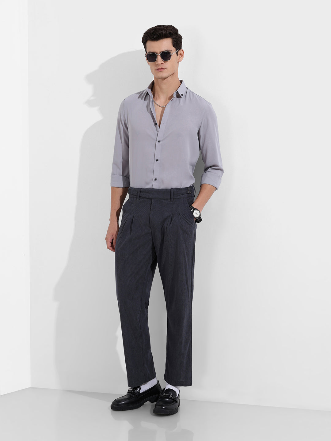 Men's Charcoal Relaxed Fit Textured Casual Trousers