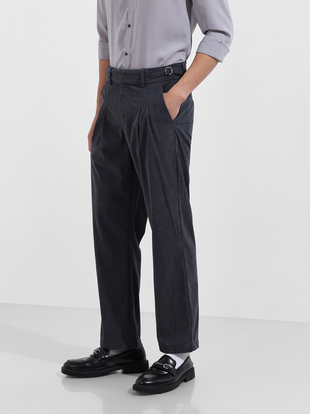 Men's Charcoal Relaxed Fit Textured Casual Trousers