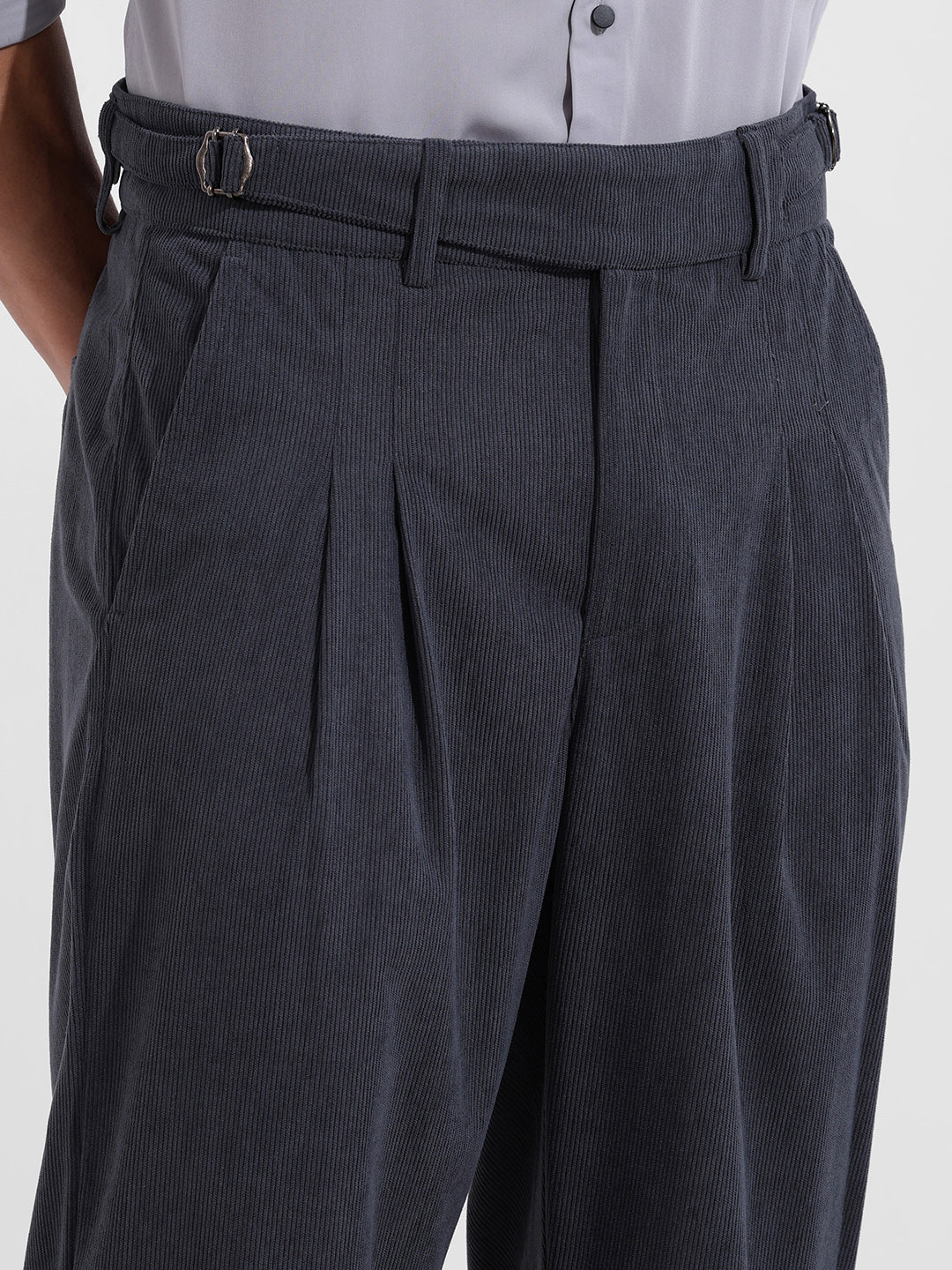 Men's Charcoal Relaxed Fit Textured Casual Trousers