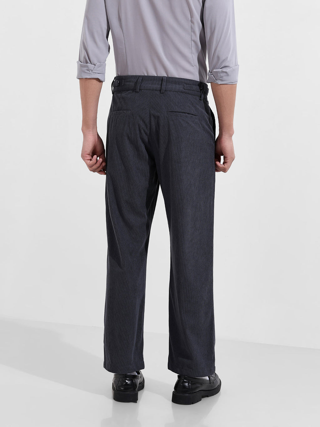 Men's Charcoal Relaxed Fit Textured Casual Trousers