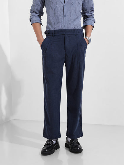 Men's Dark Denim Relaxed Fit Textured Casual Trousers