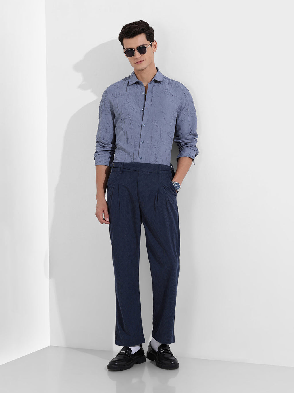 Men's Dark Denim Relaxed Fit Textured Casual Trousers
