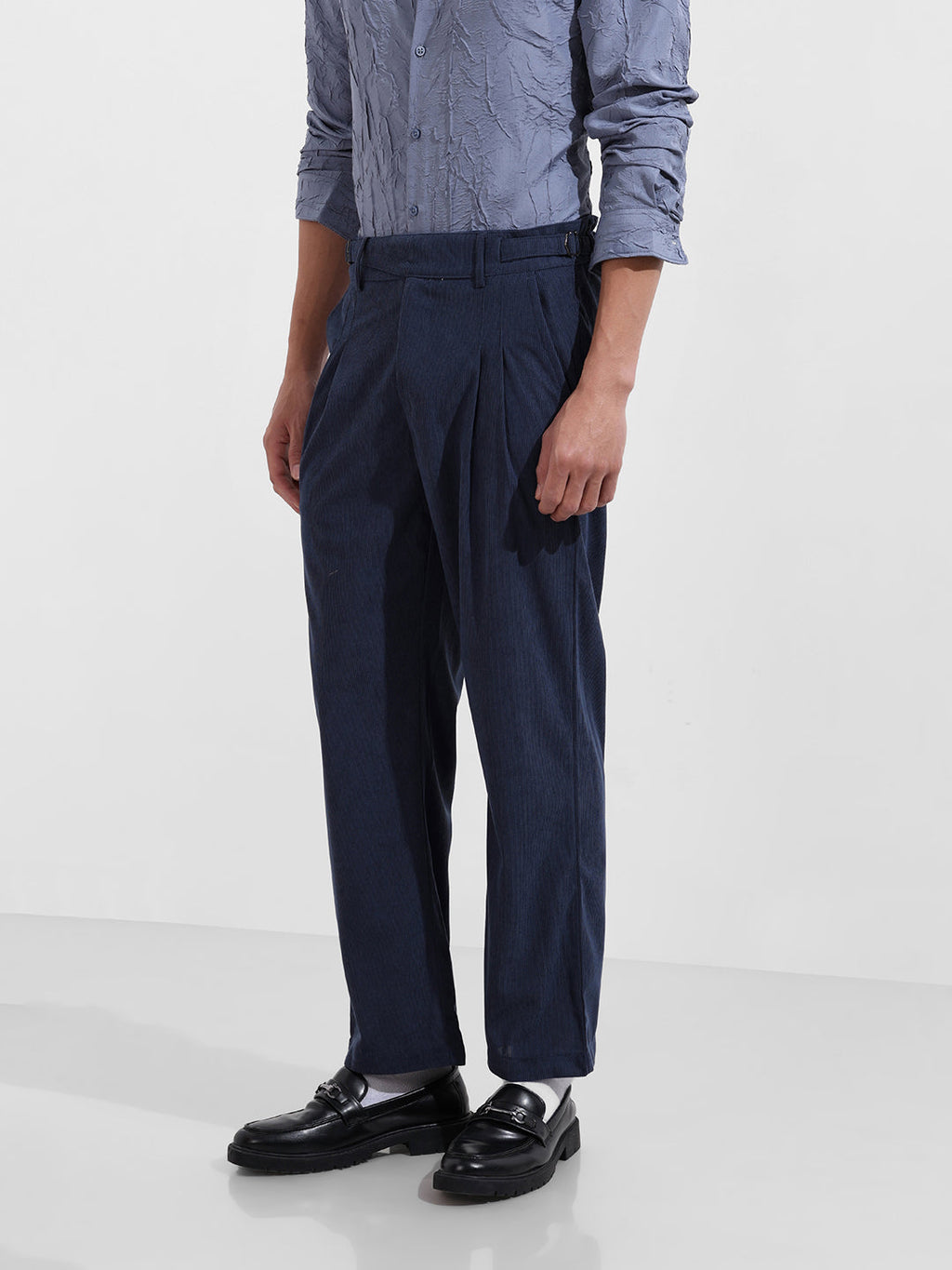 Men's Dark Denim Relaxed Fit Textured Casual Trousers