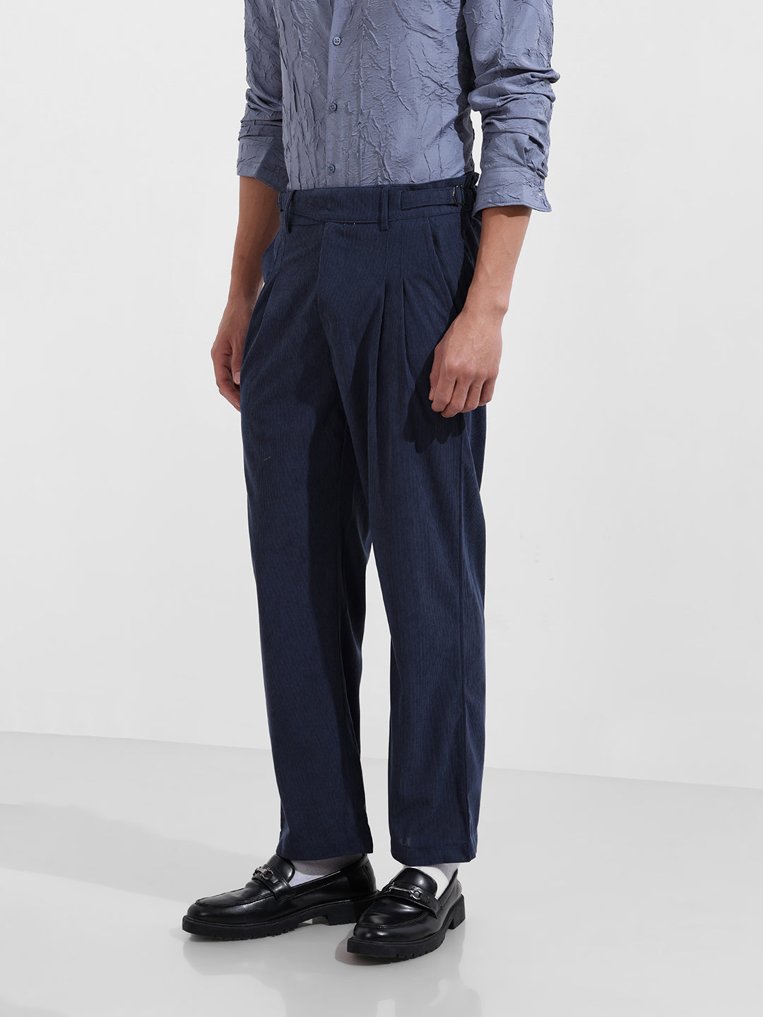 Men's Dark Denim Relaxed Fit Textured Casual Trousers