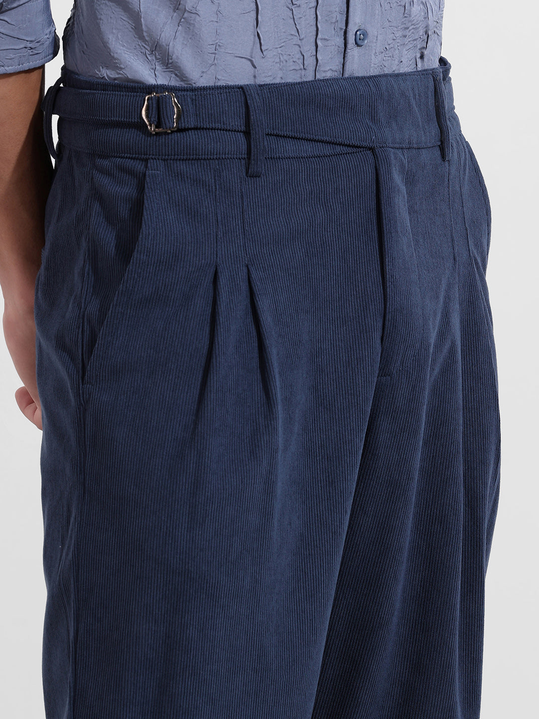 Men's Dark Denim Relaxed Fit Textured Casual Trousers
