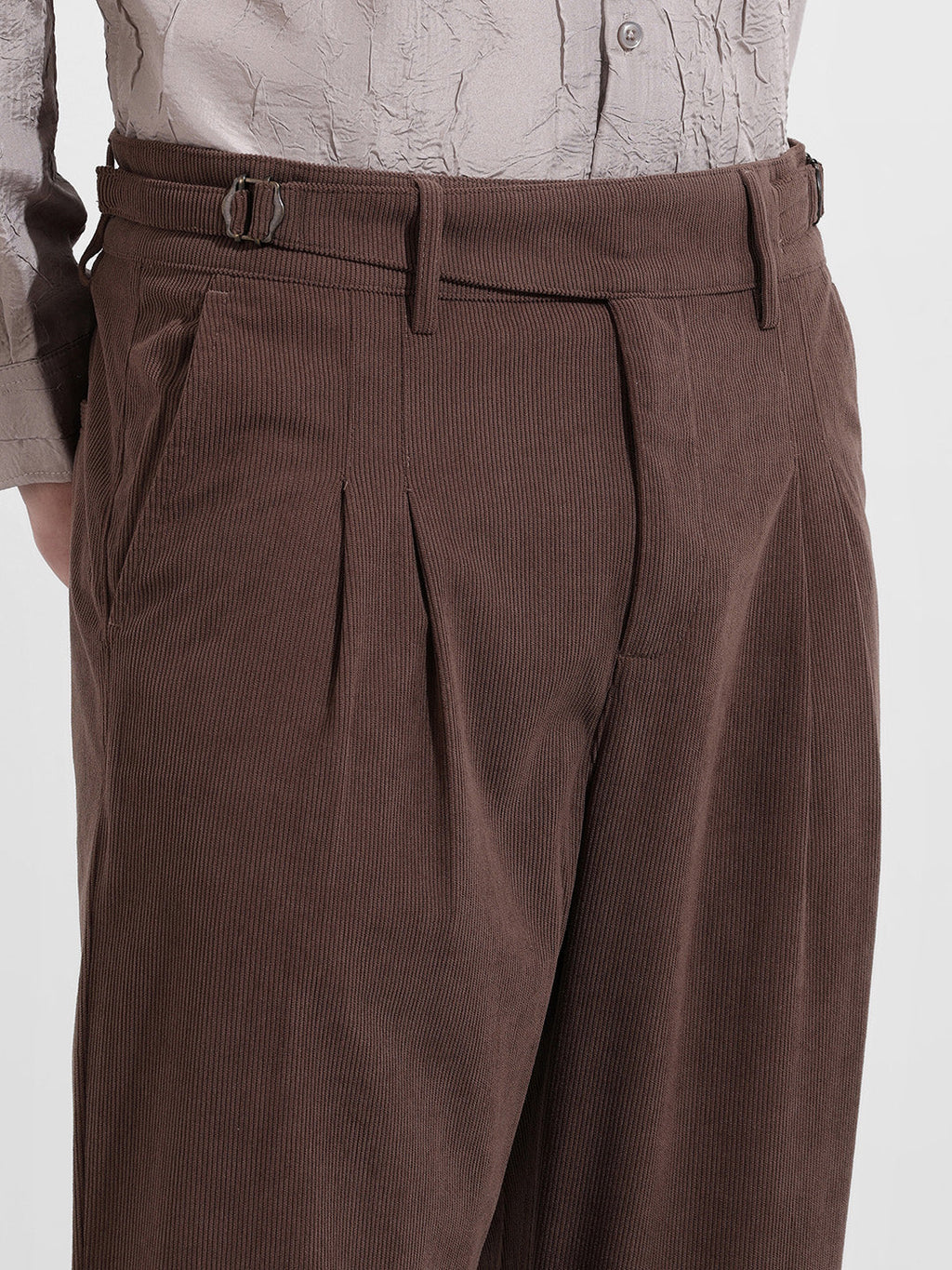 Men's Brown Relaxed Fit Textured Casual Trousers