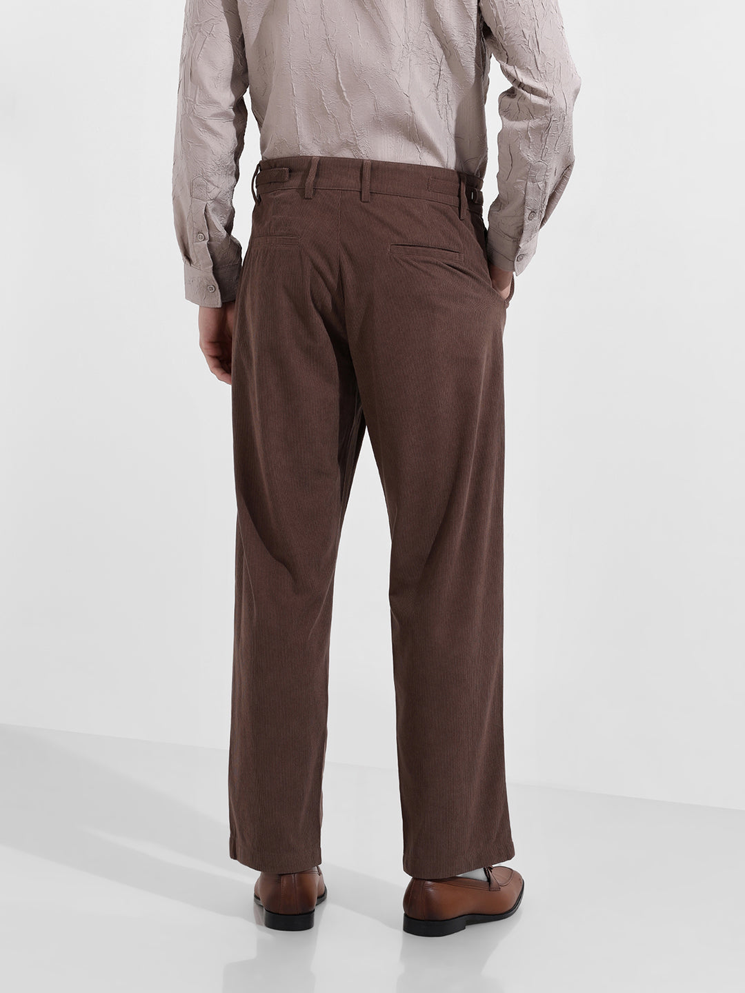 Men's Brown Relaxed Fit Textured Casual Trousers