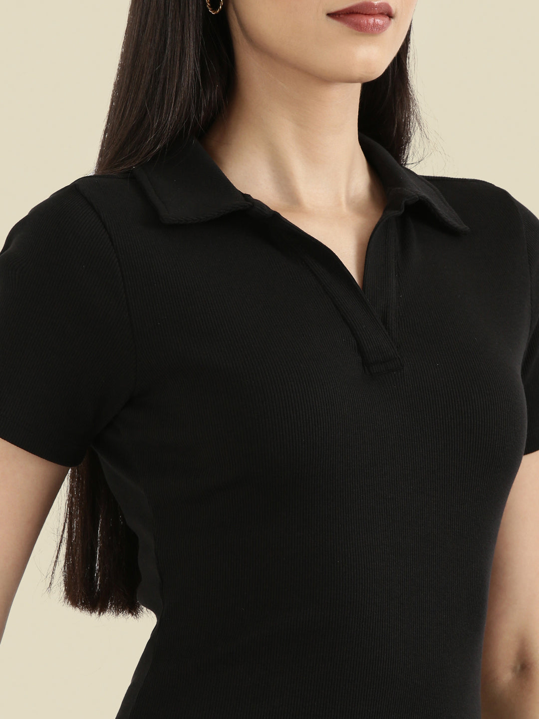 Rib Cotton Slim Fit Polo Neck Short Dress