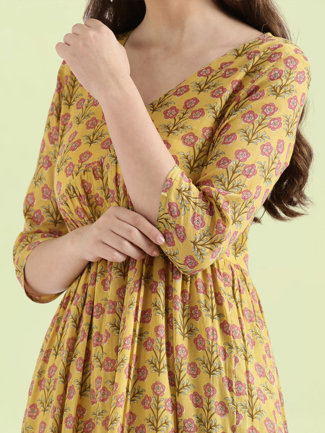 Cotton Voile Block Print V-Neck Gathered Tiered Midi Dress