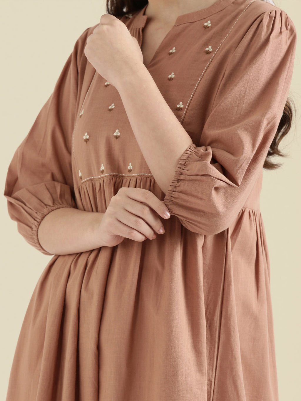 Cotton Slub Butti Embroidered Yoke Gathered Midi Dress