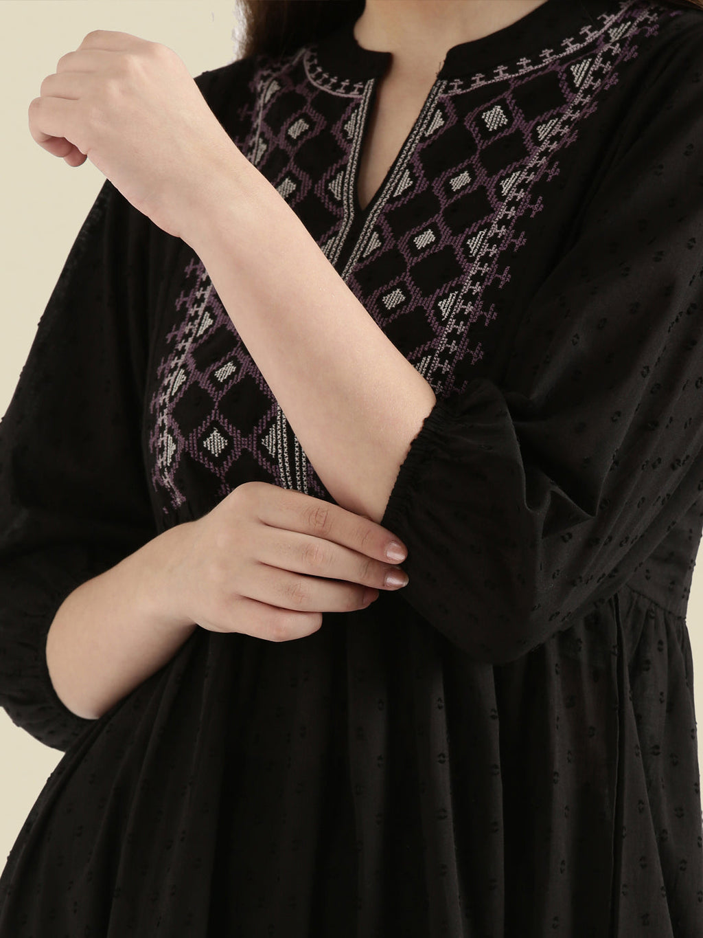 Cotton Dobby Geometric Embroidered Yoke Gathered Midi Dress