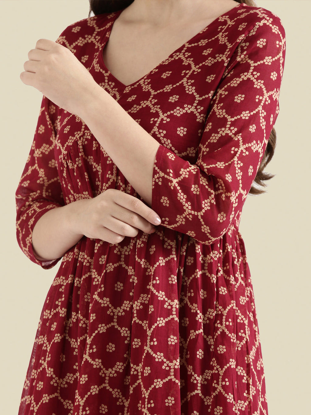 Cotton Voile Block Print V-Neck Gathered Tiered Midi Dress