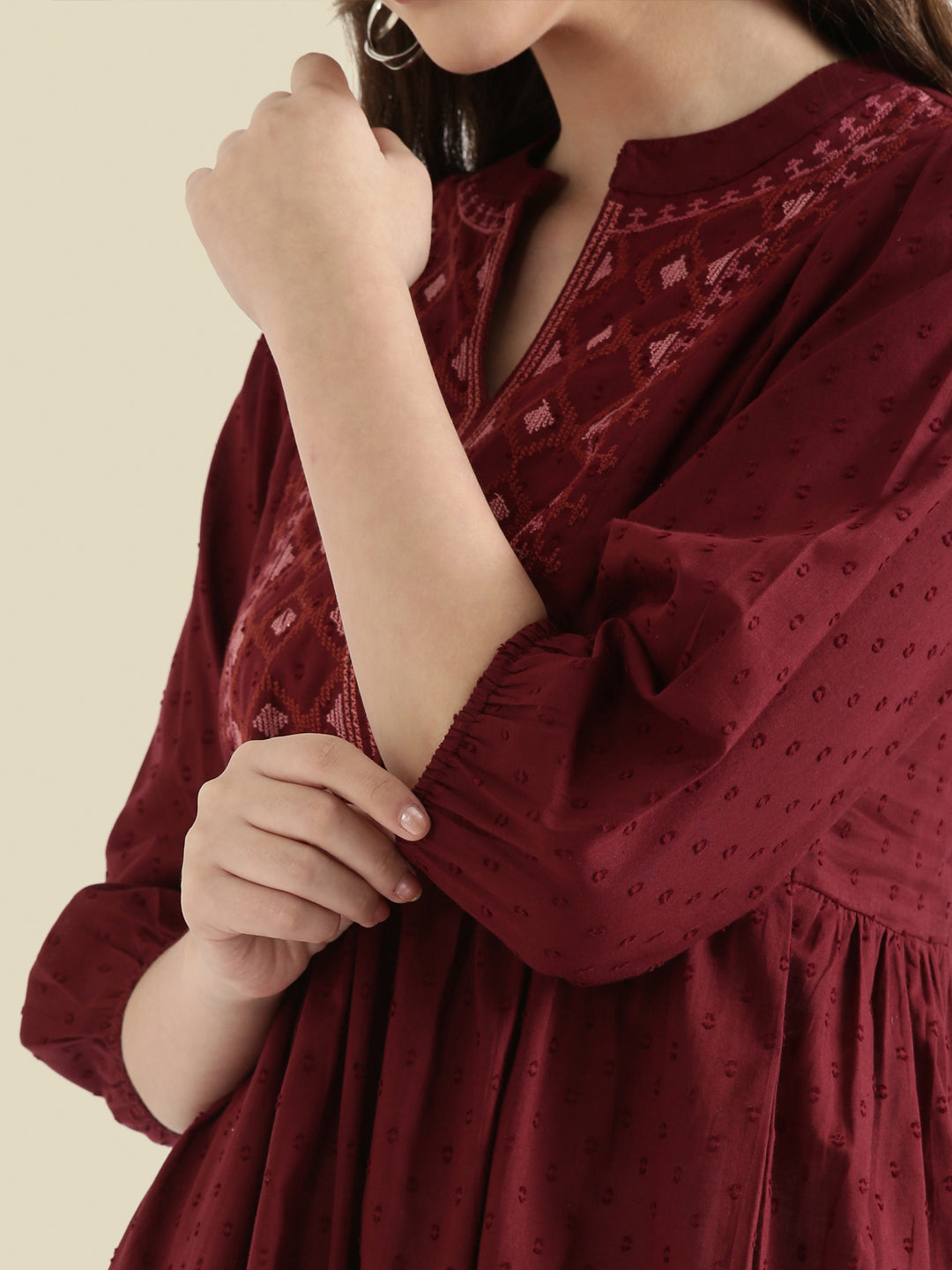 Cotton Dobby Geometric Embroidered Yoke Gathered Midi Dress