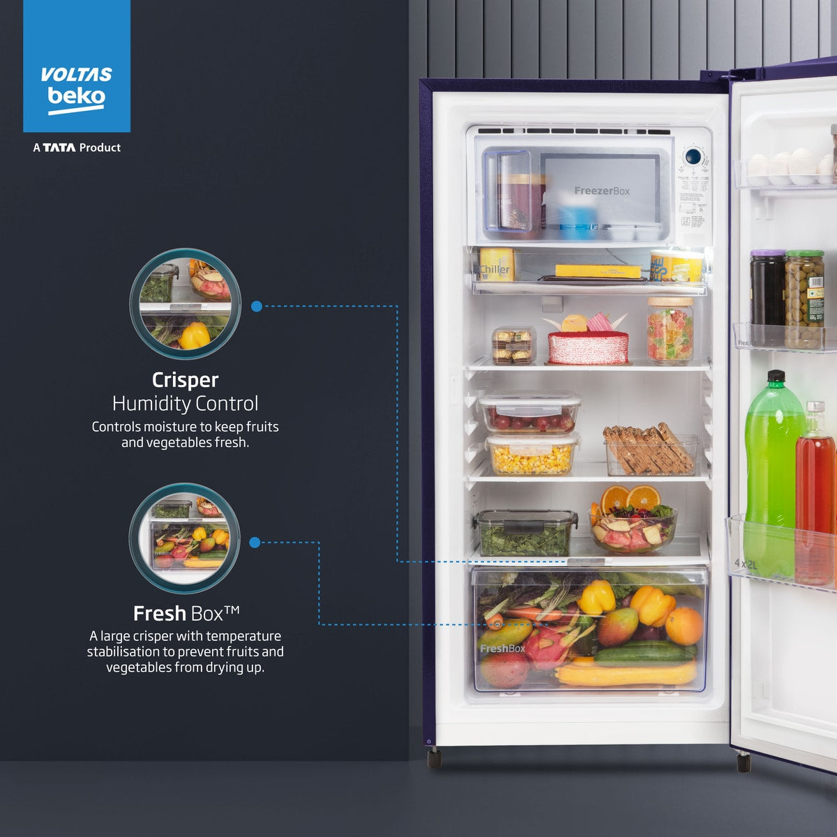Voltas Beko 183 L, 3 Star, Direct Cool Single Door Refrigerator (Fressia Blue)