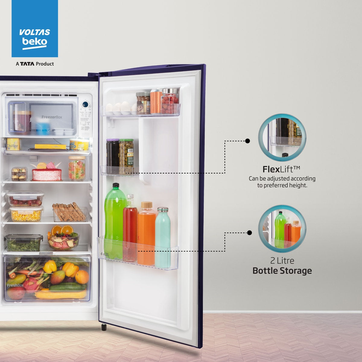 Voltas Beko 183 L, 3 Star, Direct Cool Single Door Refrigerator (Fressia Blue)
