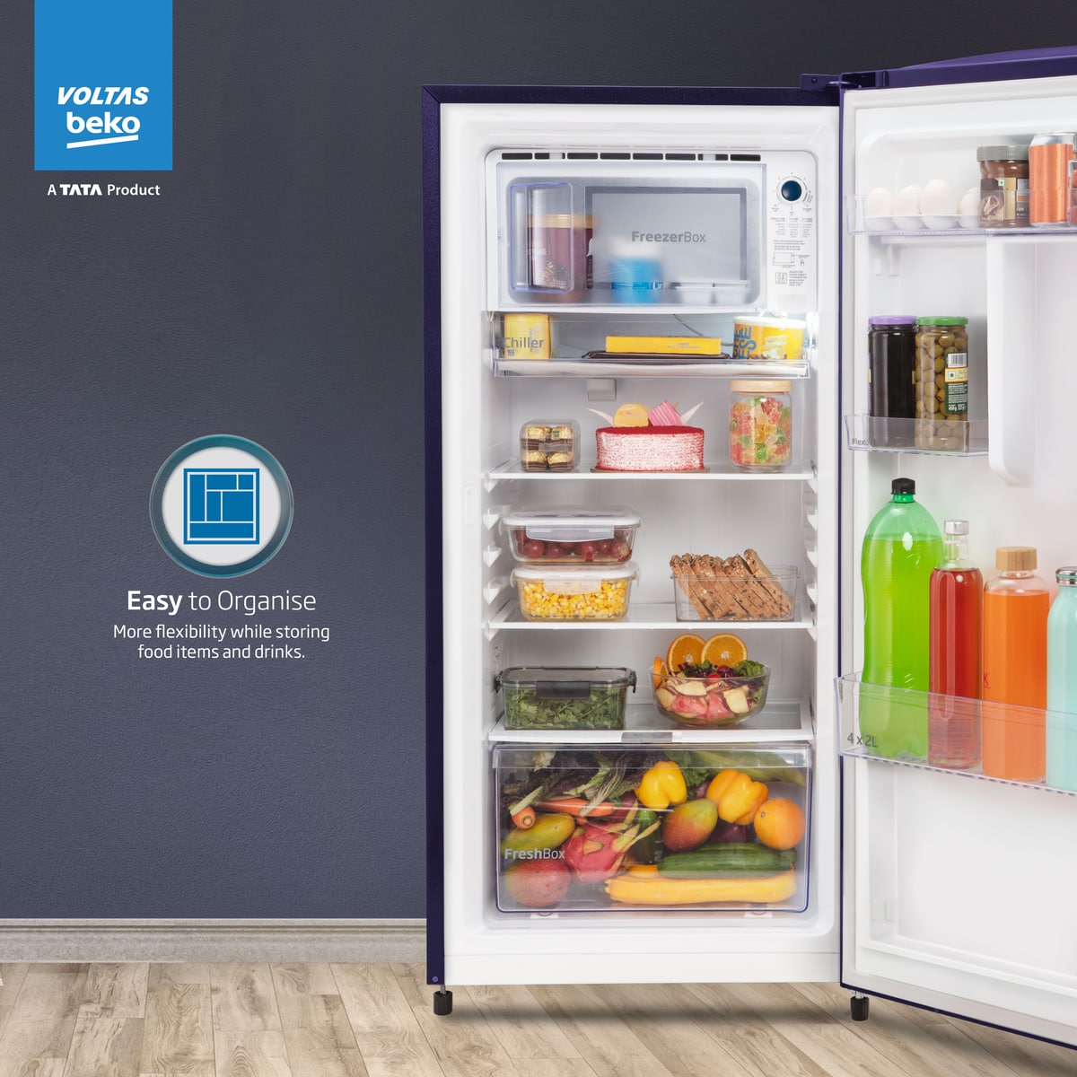 Voltas Beko 183 L, 3 Star, Direct Cool Single Door Refrigerator (Fressia Blue)