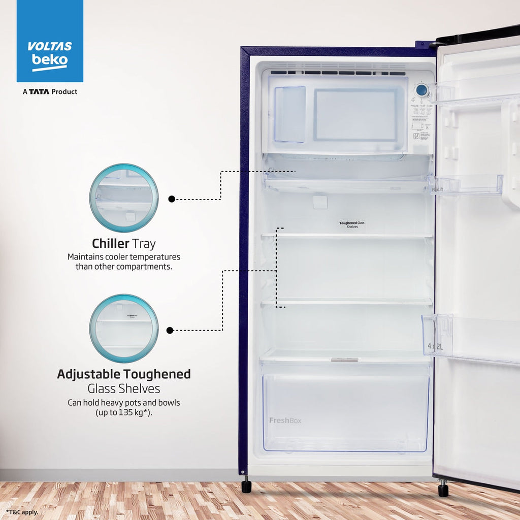 Voltas Beko 183 L, 3 Star, Direct Cool Single Door Refrigerator (Fressia Blue)