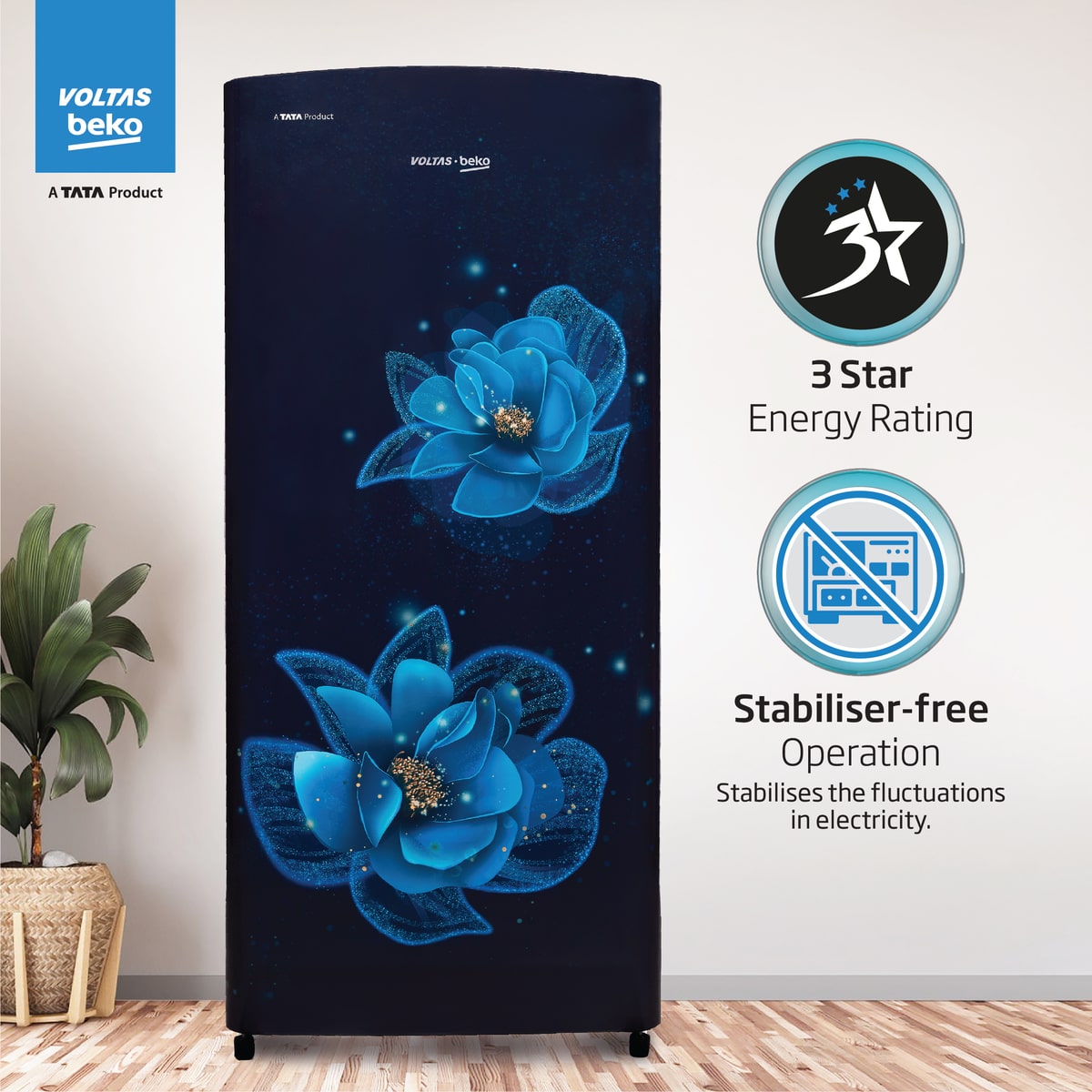 Voltas Beko 183 L, 3 Star, Direct Cool Single Door Refrigerator (Fressia Blue)