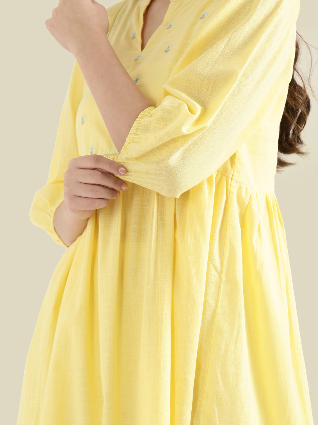 Cotton Slub Butti Embroidered Yoke Gathered Midi Dress