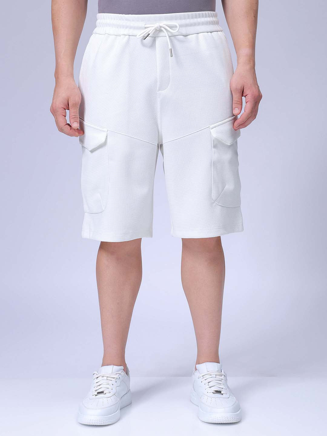 Men's White Relaxed Fit Textured Utility Shorts
