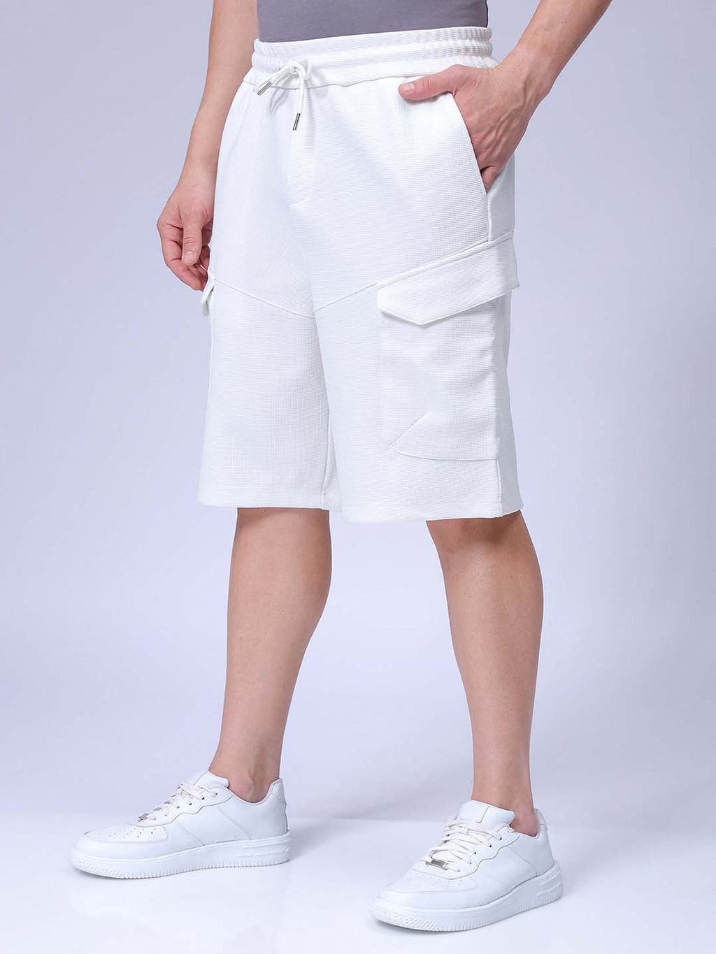 Men's White Relaxed Fit Textured Utility Shorts