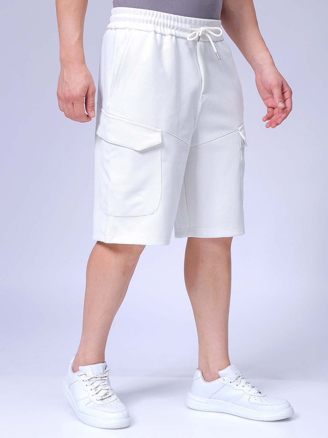 Men's White Relaxed Fit Textured Utility Shorts