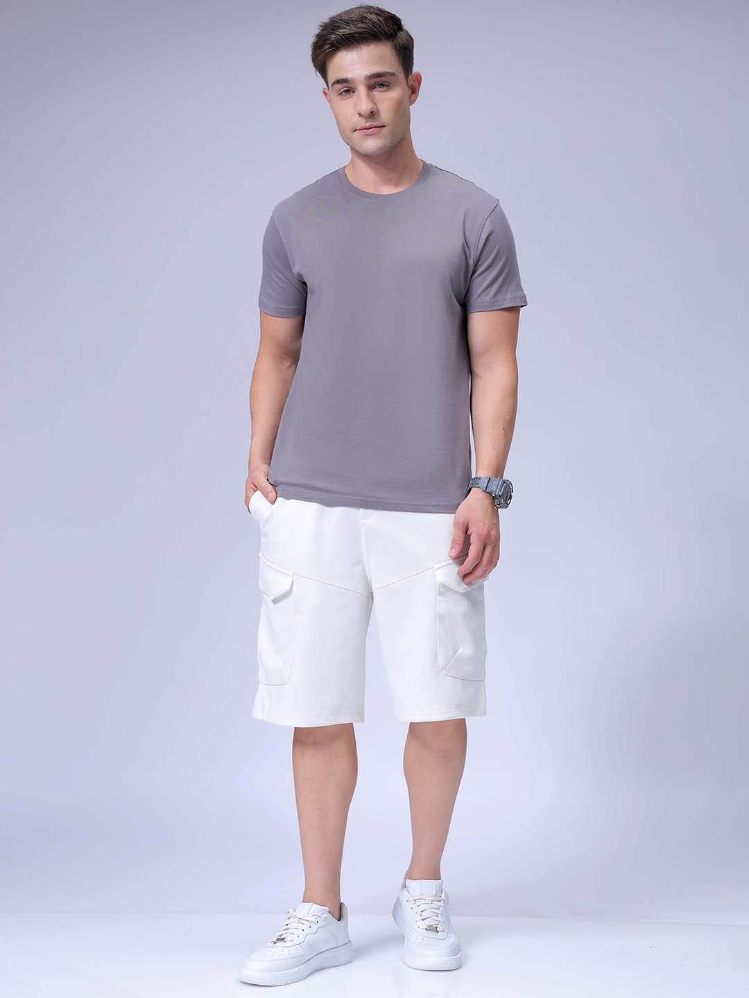 Men's White Relaxed Fit Textured Utility Shorts