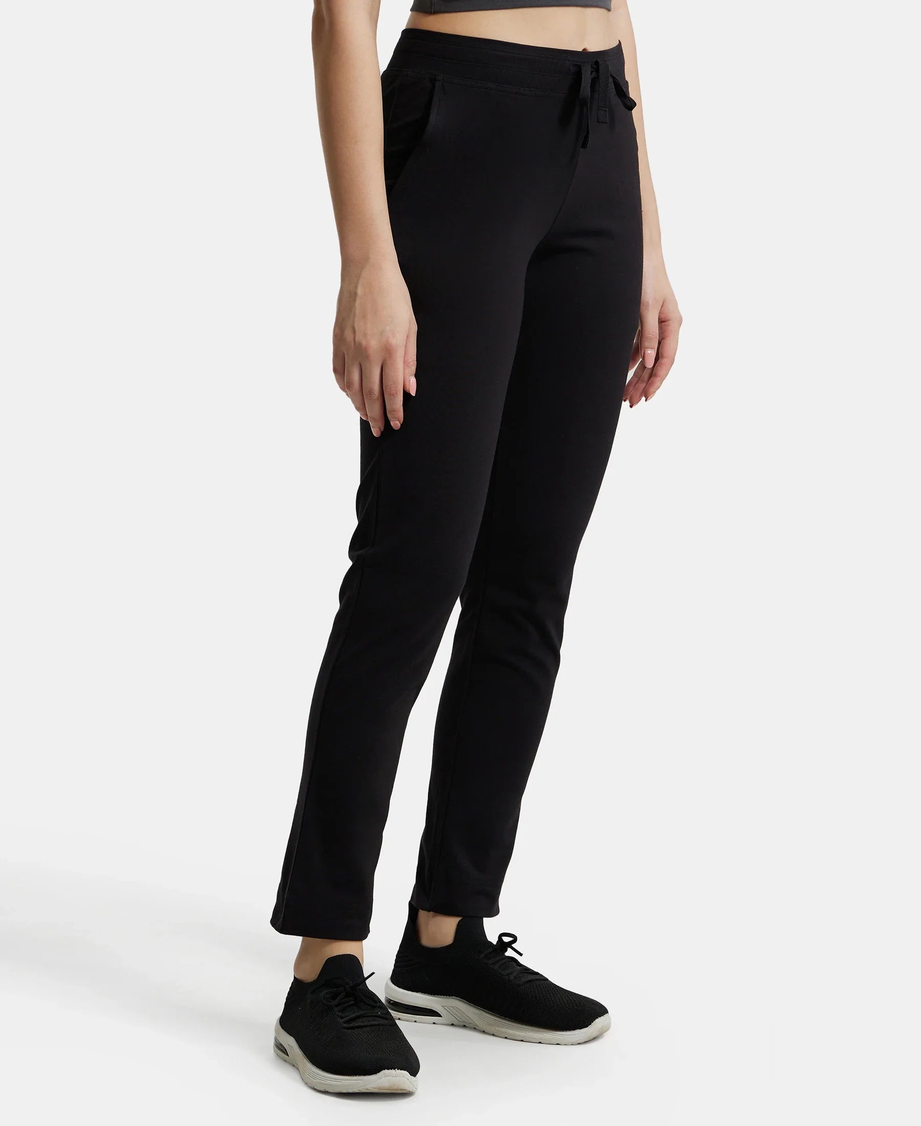 Super Combed Cotton Elastane Stretch Slim Fit Trackpants With Side Pockets - Black