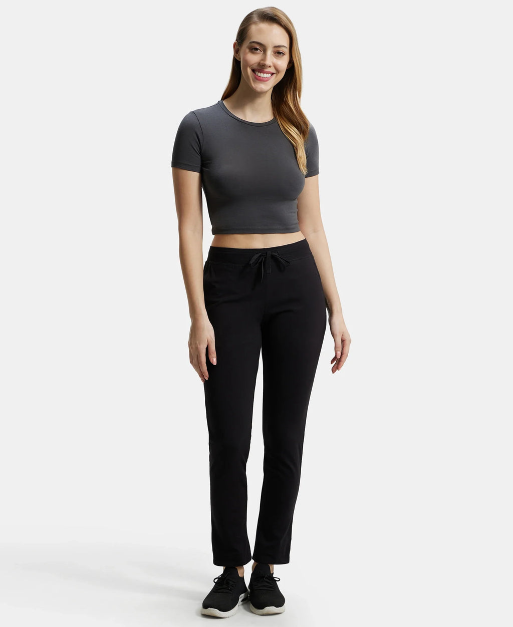 Super Combed Cotton Elastane Stretch Slim Fit Trackpants With Side Pockets - Black