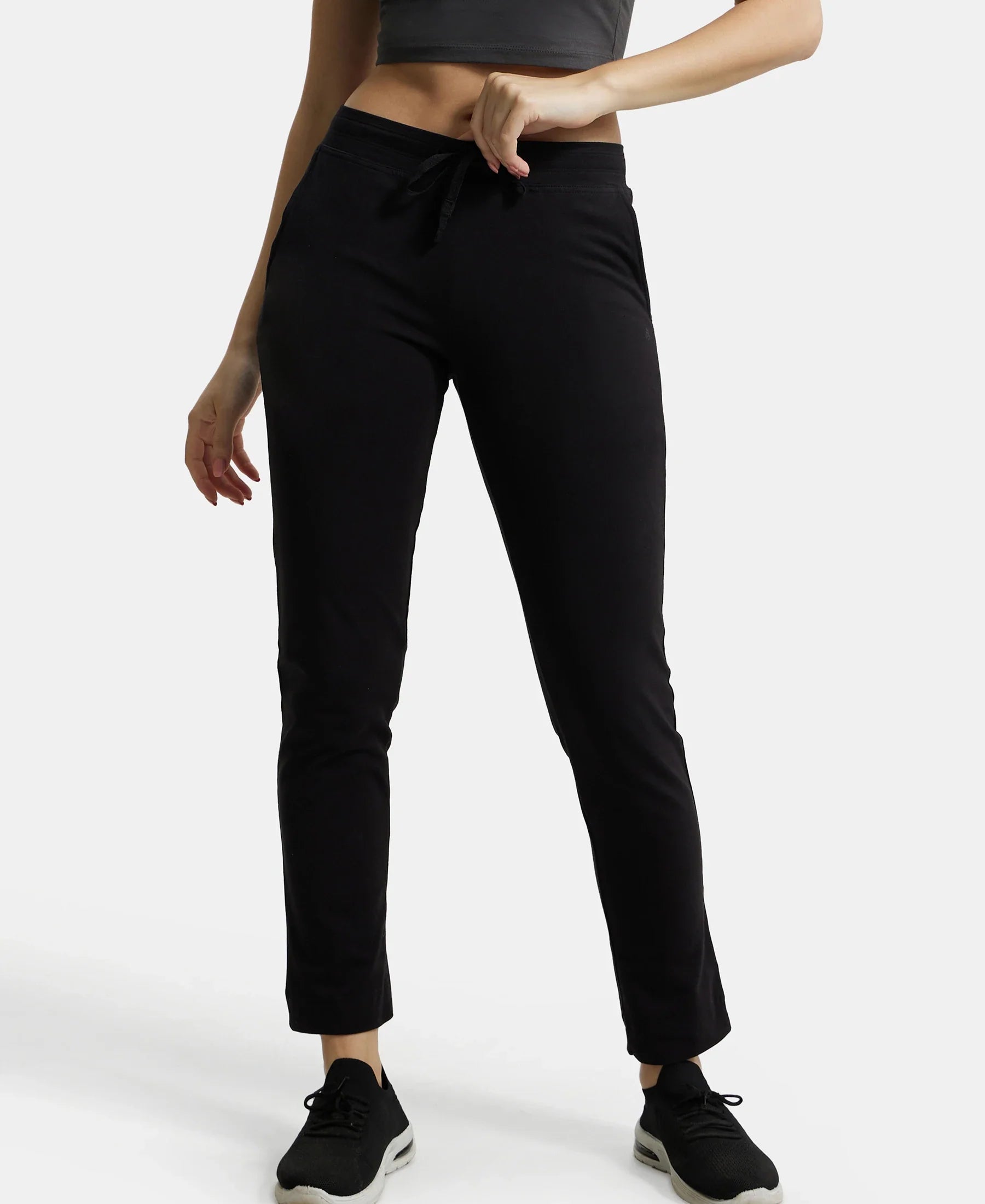 Super Combed Cotton Elastane Stretch Slim Fit Trackpants With Side Pockets - Black