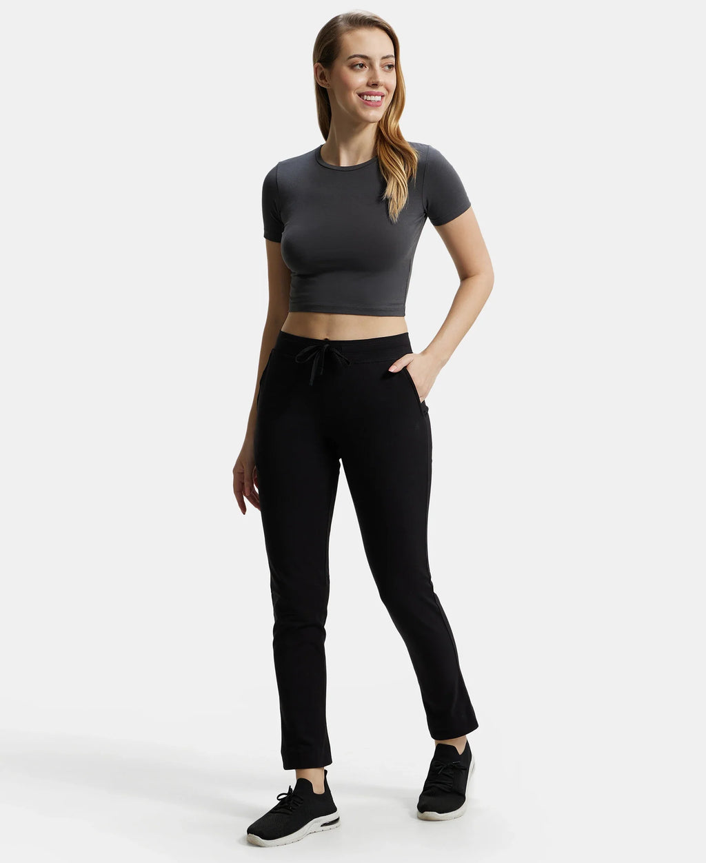 Super Combed Cotton Elastane Stretch Slim Fit Trackpants With Side Pockets - Black