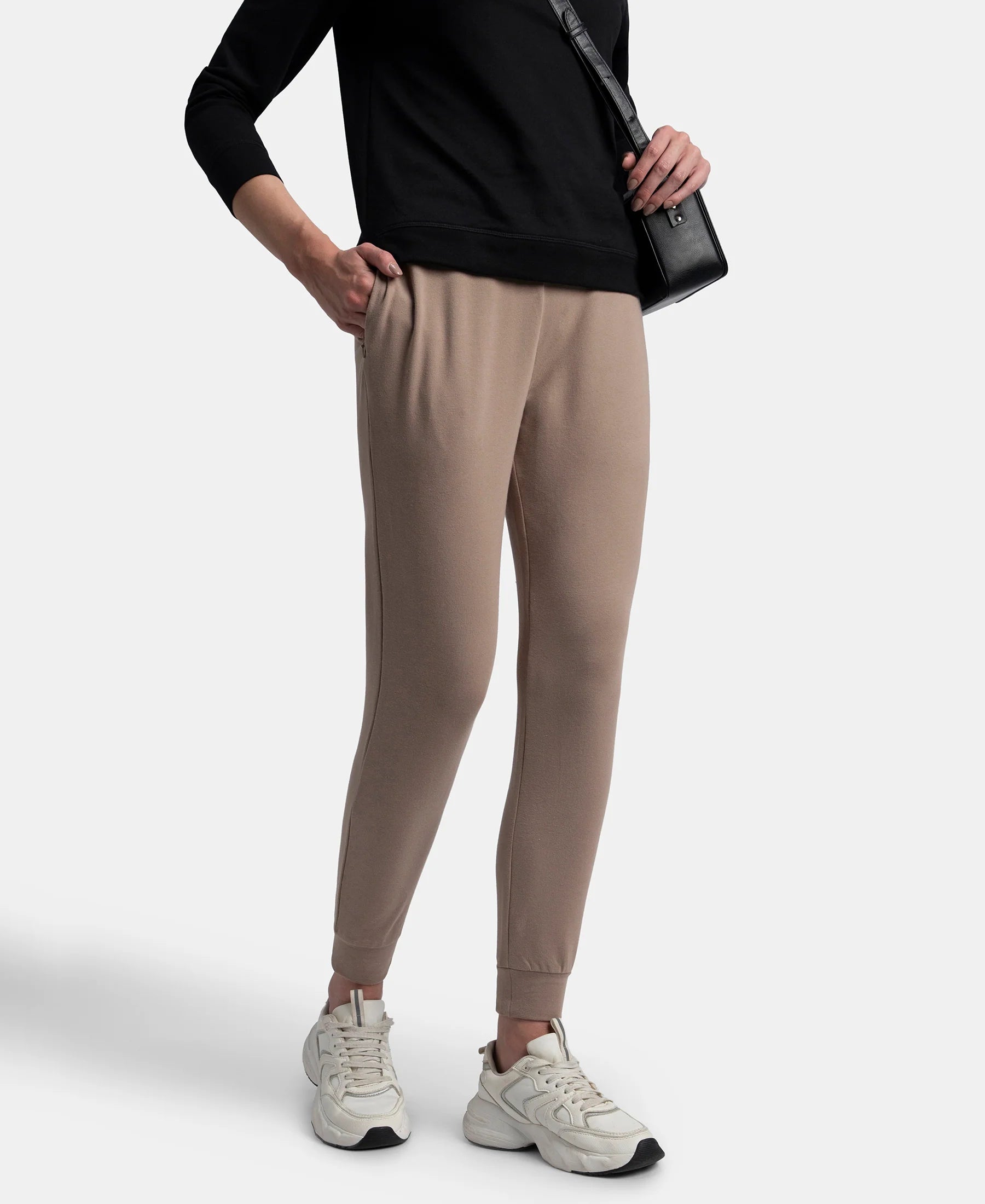 Super Combed Cotton Elastane French Terry Relaxed Fit Joggers With Zipper Pockets - Taupe Grey