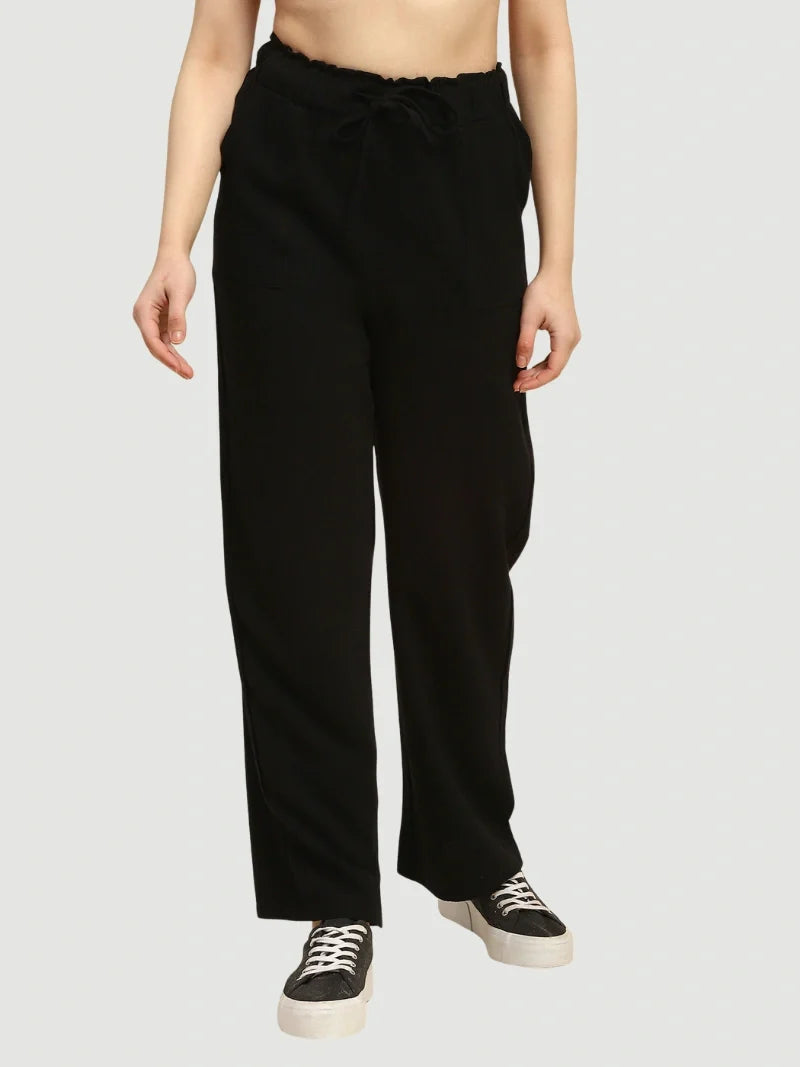 Black Solid Cotton Linen Relaxed Lower