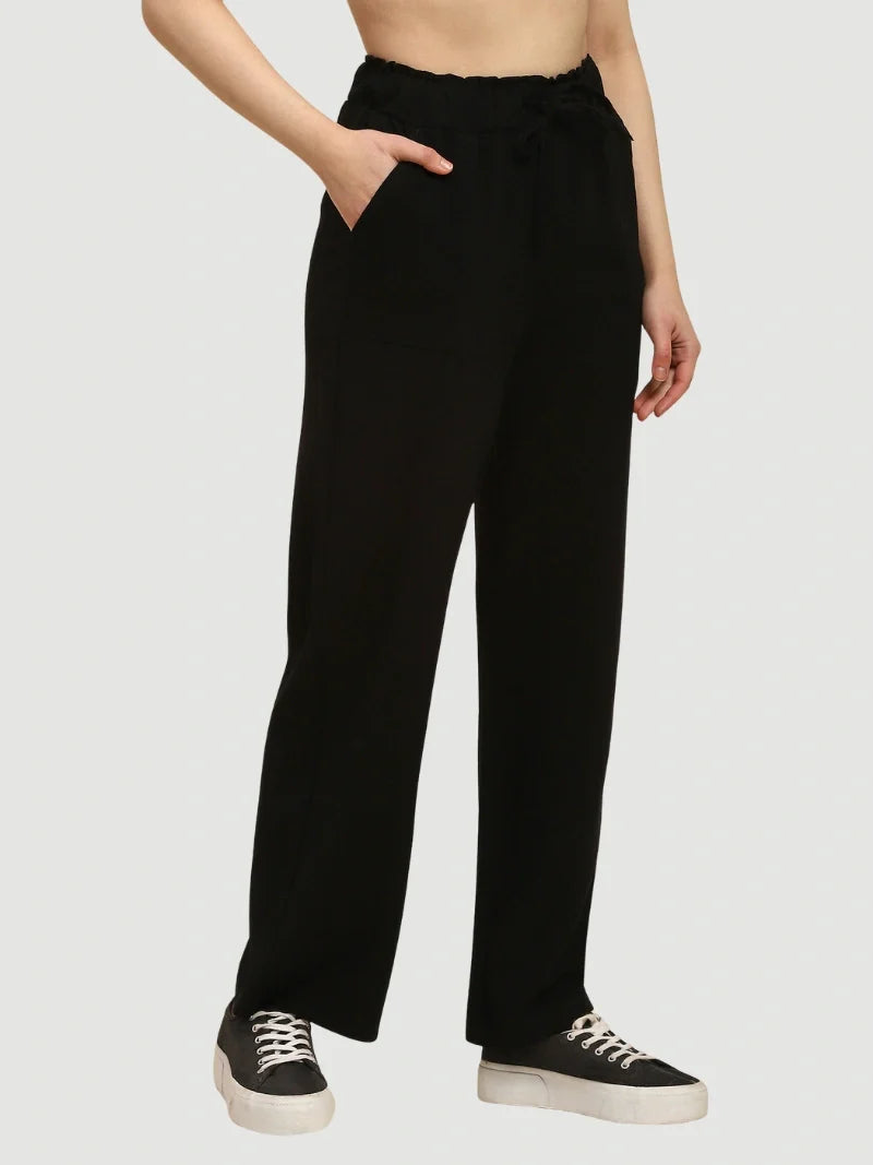 Black Solid Cotton Linen Relaxed Lower