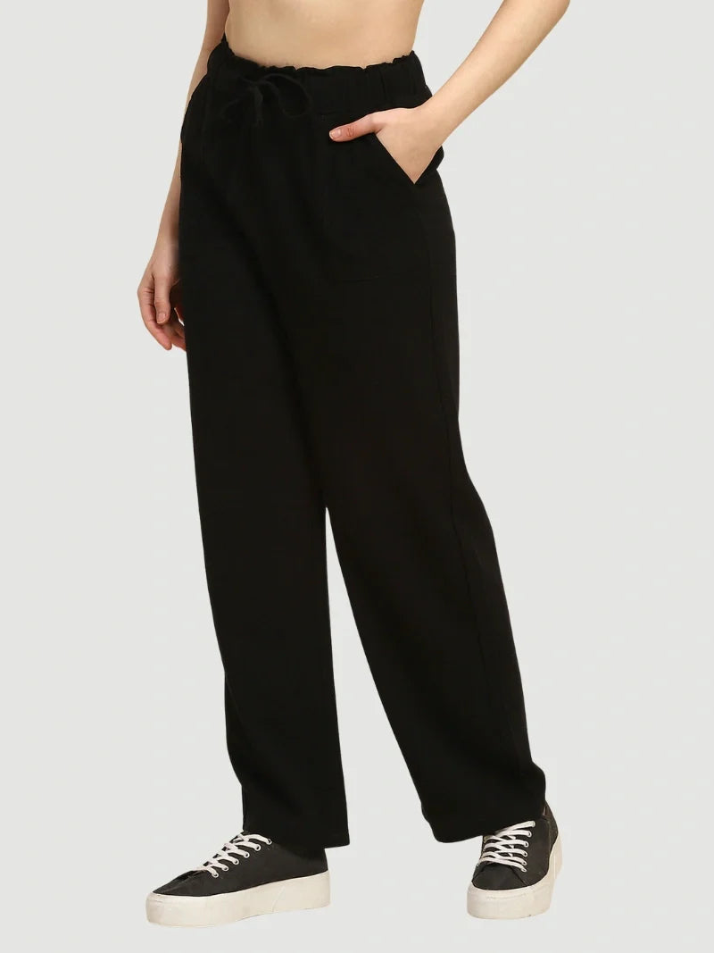 Black Solid Cotton Linen Relaxed Lower