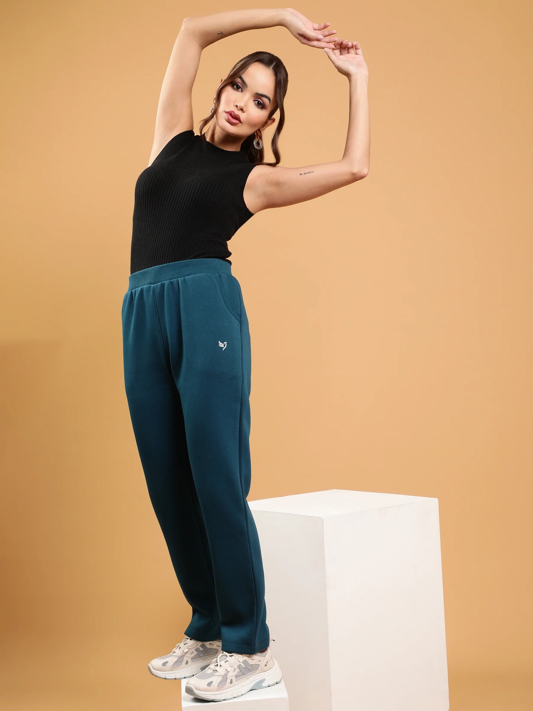 Teal Solid Cotton Blend Track Pants