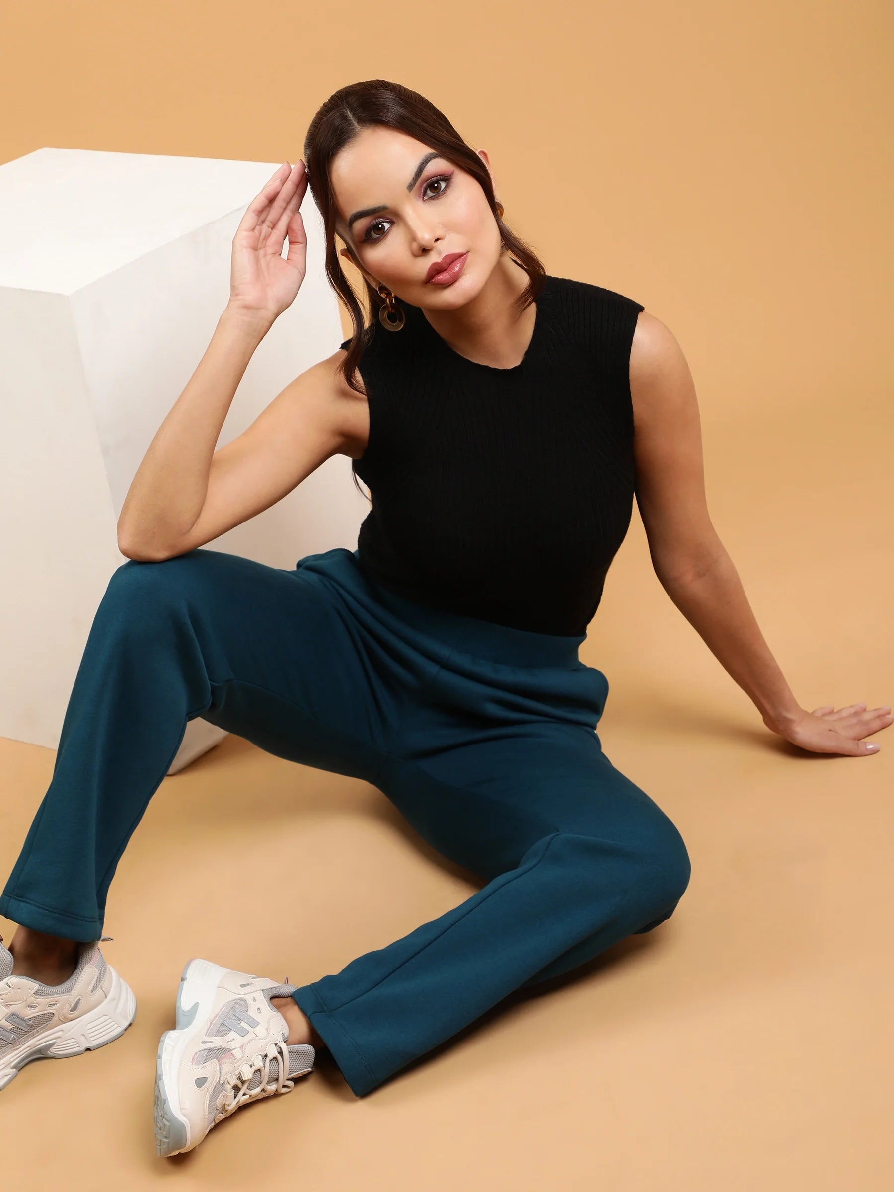 Teal Solid Cotton Blend Track Pants