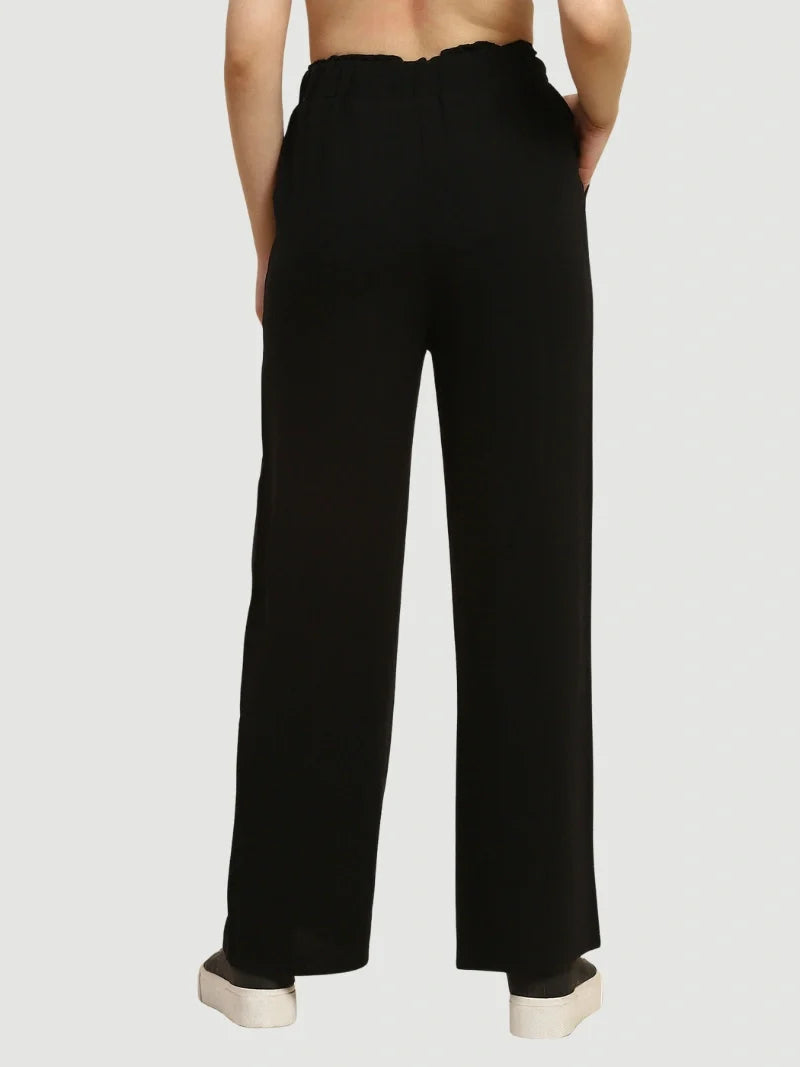 Black Solid Cotton Linen Relaxed Lower