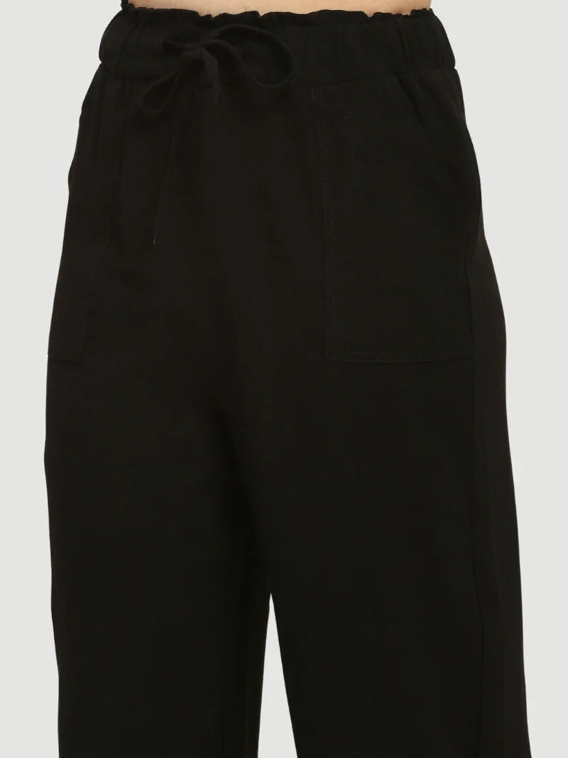 Black Solid Cotton Linen Relaxed Lower