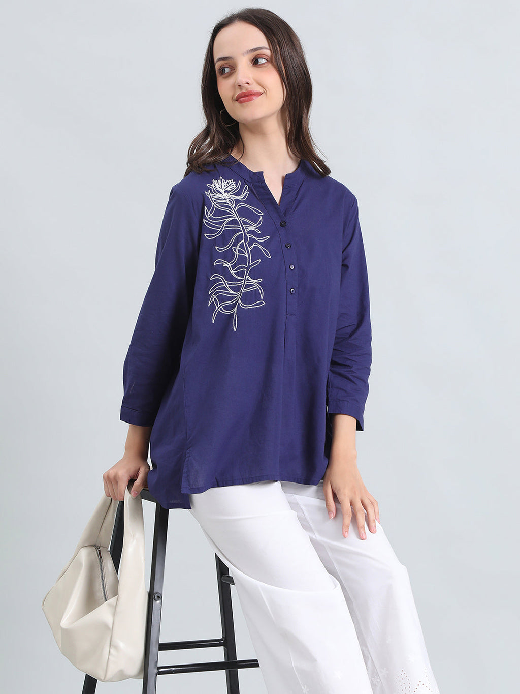 Cambric Cotton Thread Embroidered Mandarin Collar Longline Shirt