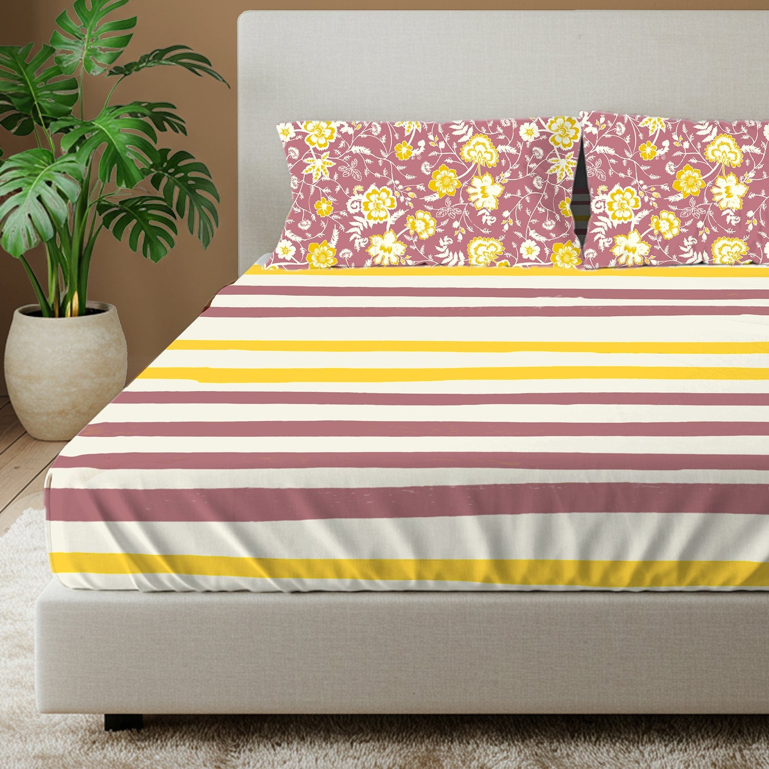 Divine Collection - Cotton Bedsheet With 2 Pillow Covers, Streak Muddy Pink