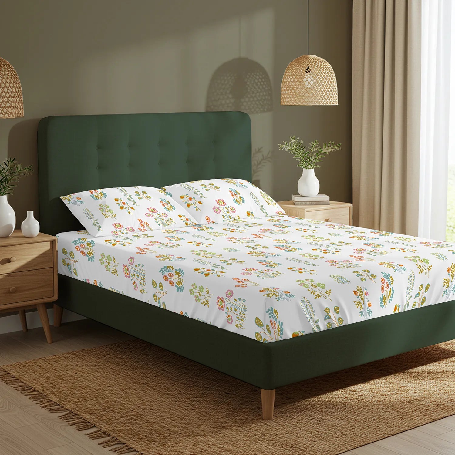 Serene 200 TC 100% Cotton Bedsheet with Pillow Covers - Eden White