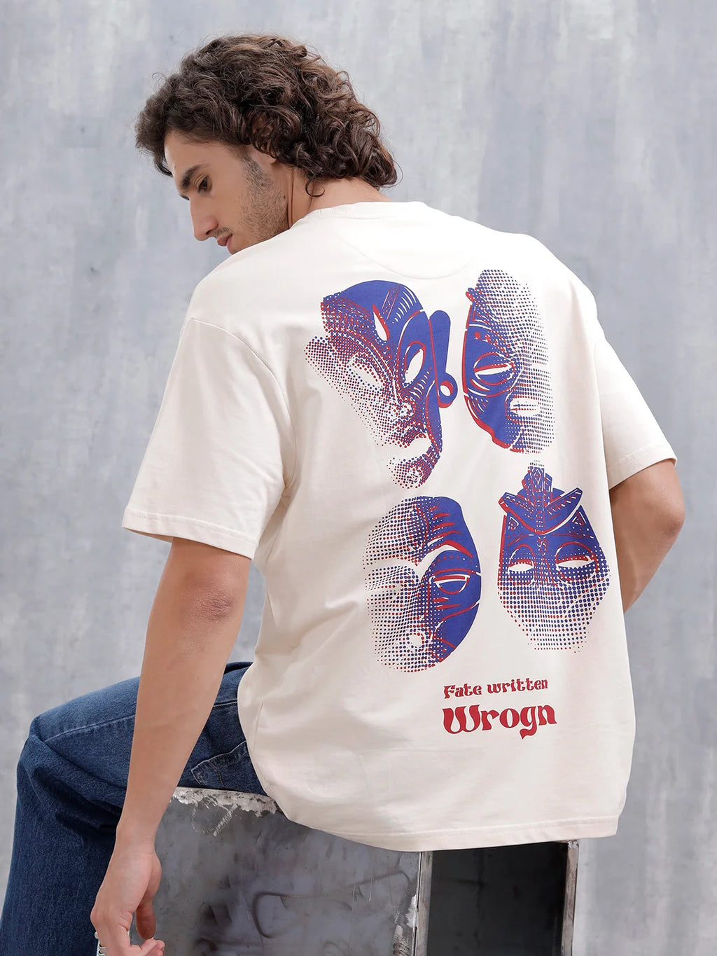 Mythical Faces Oversized Cotton Back Print T-Shirt | Beige