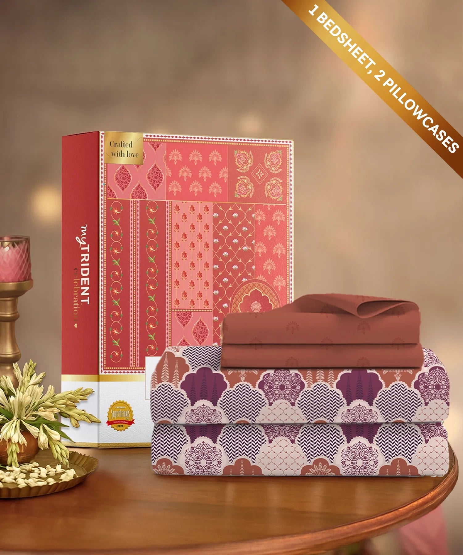 Celebration Queen Bedsheet Set, Mehfil Rust | 144 TC Cotton| 2 Pillow Covers